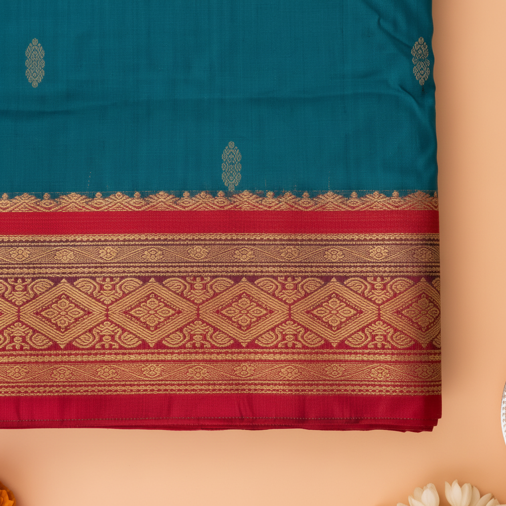 Pink contrast zari border on a blue 9-yard pure silk saree close-up