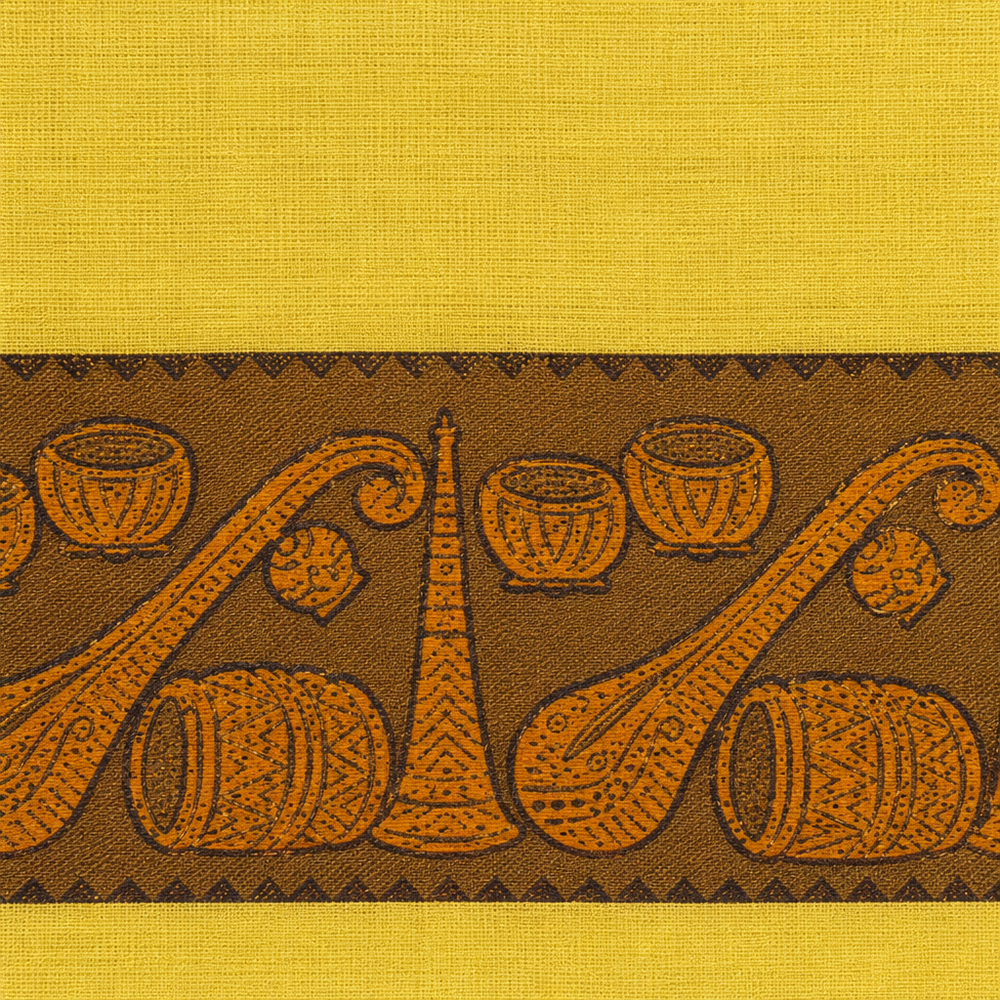 Close-up of musical instrument print border on yellow cotton dance saree