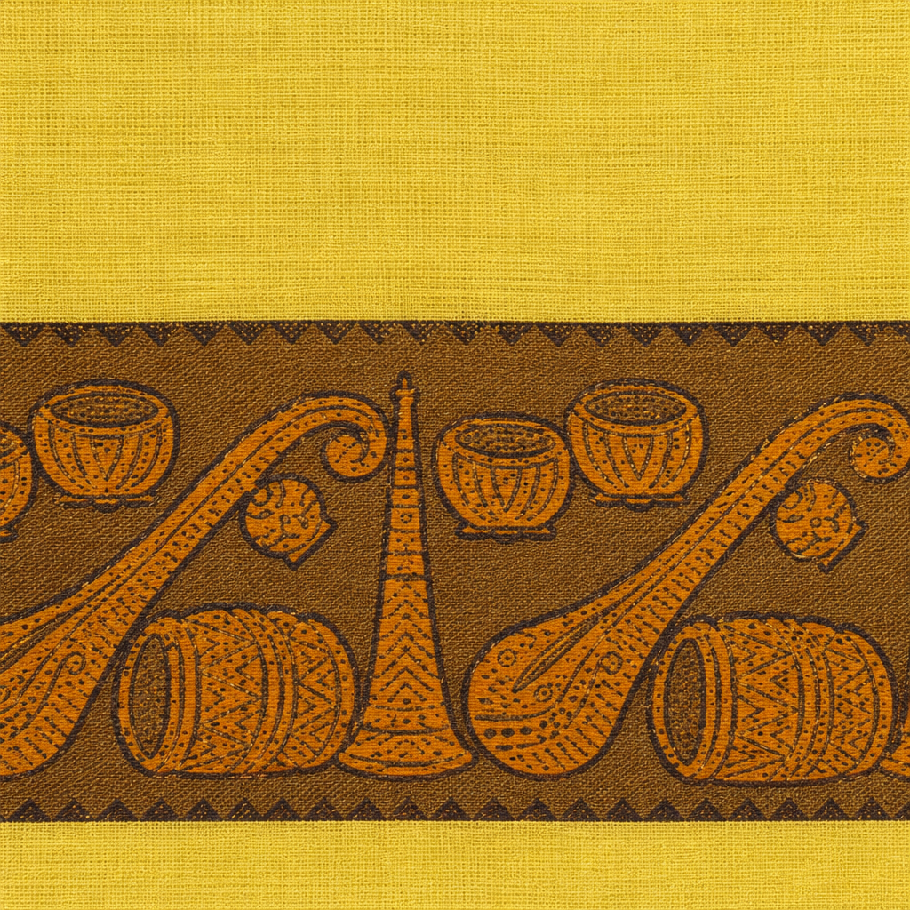Close-up of musical instrument print border on yellow cotton dance saree