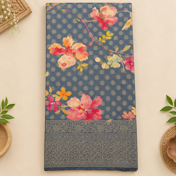 Close-up of multicolour floral print on aqua blue Tussar silk saree