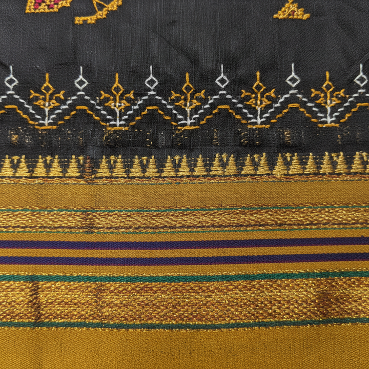 Close-up of mustard-gold zari border with striped weave and white Kasuti scallop band