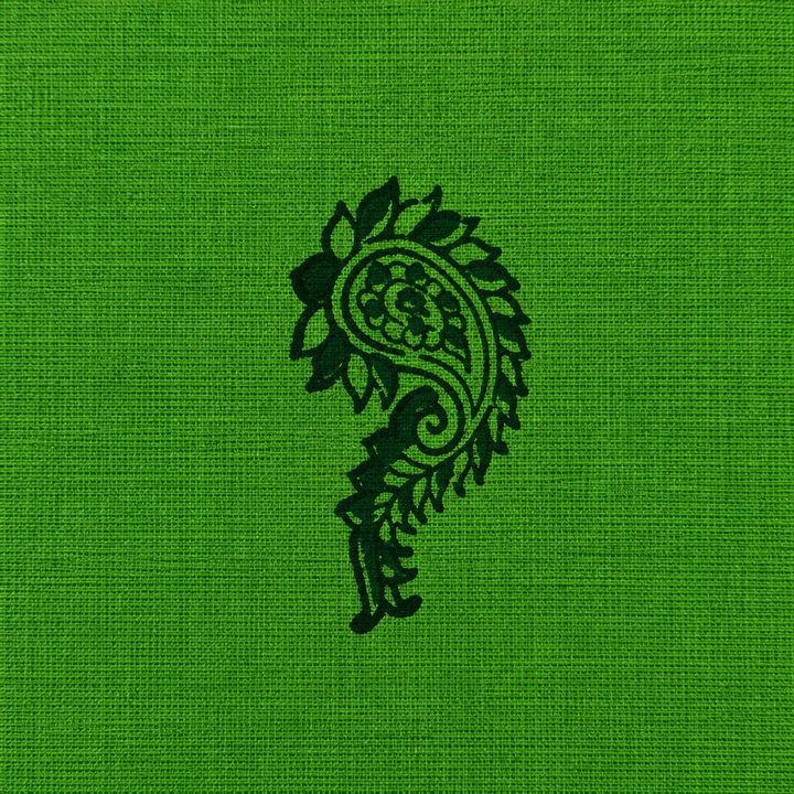 Close-up of dark green paisley buta on parrot green cotton saree