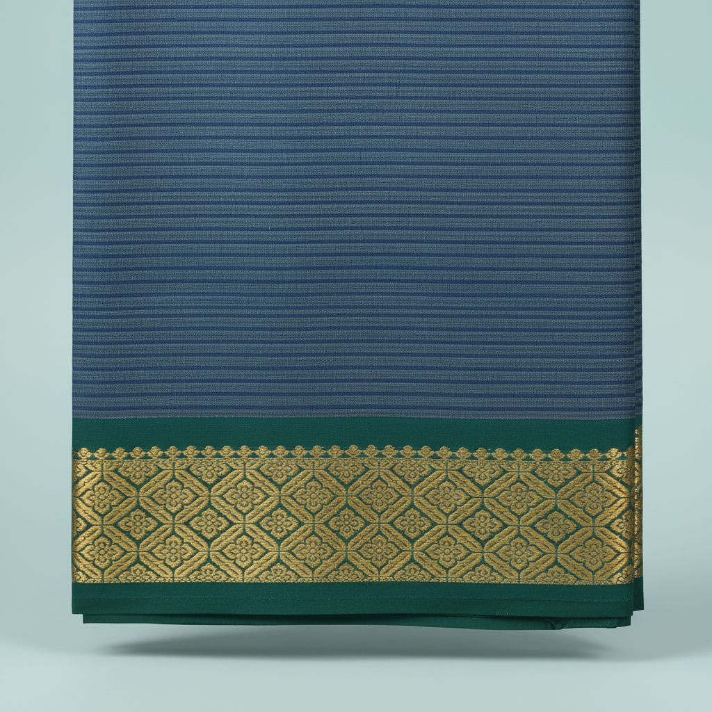Close-up of the steel-blue saree with its deep forest-green border, ornate antique-gold geometric lattice, and deep green lower edge