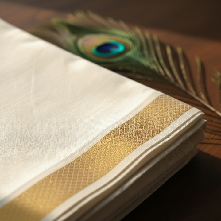 Close-up of pure silk dhoti gold zari border texture