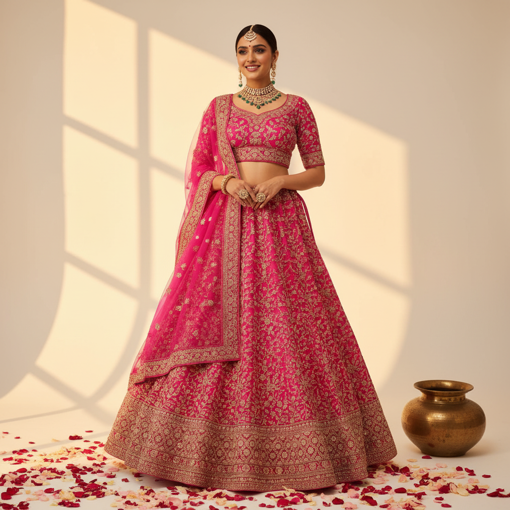 Hot Pink Zari Embroidered Bridal Lehenga - Rose Petals