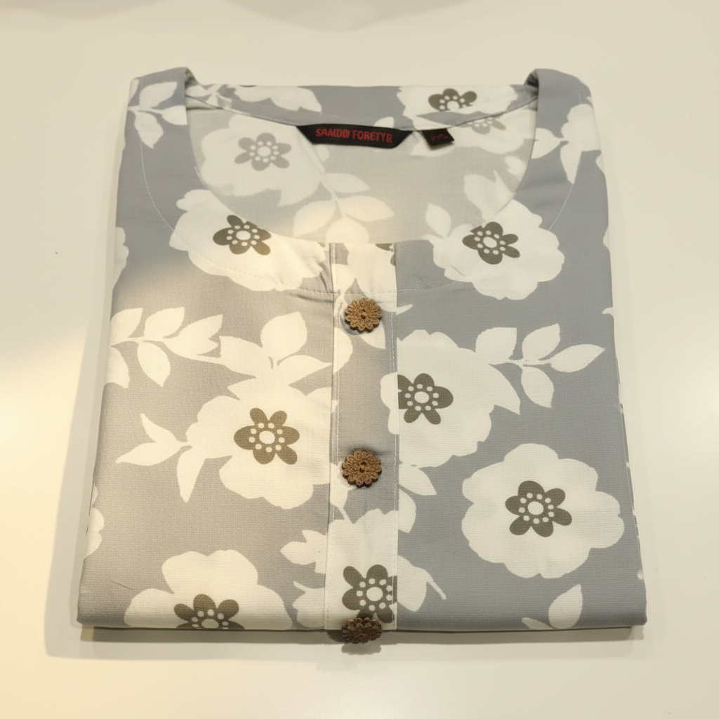 Grey blue large floral print ladies kurti close-up
