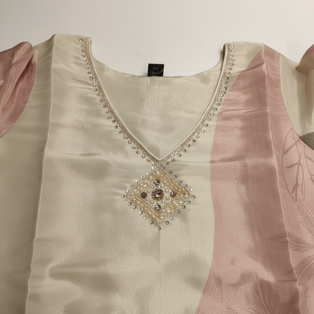 Close-up of V-neckline with pearl and crystal embellishment and botanical prints