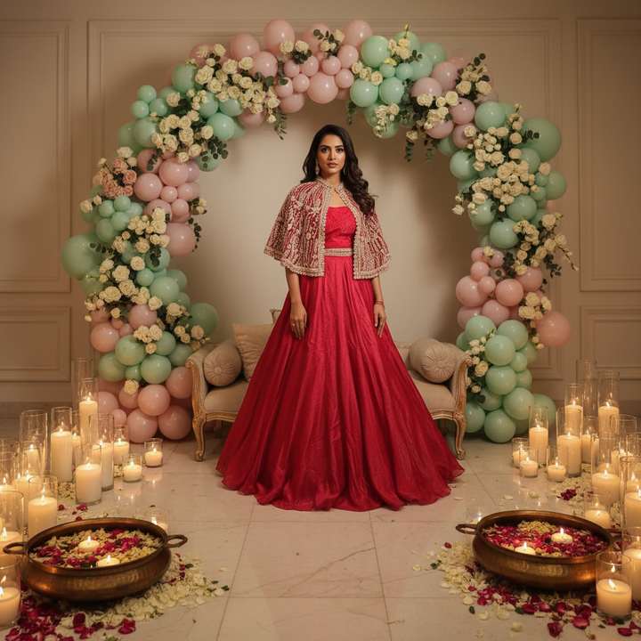 Red Embroidered Cape Crop Top - Balloon Arch Setting