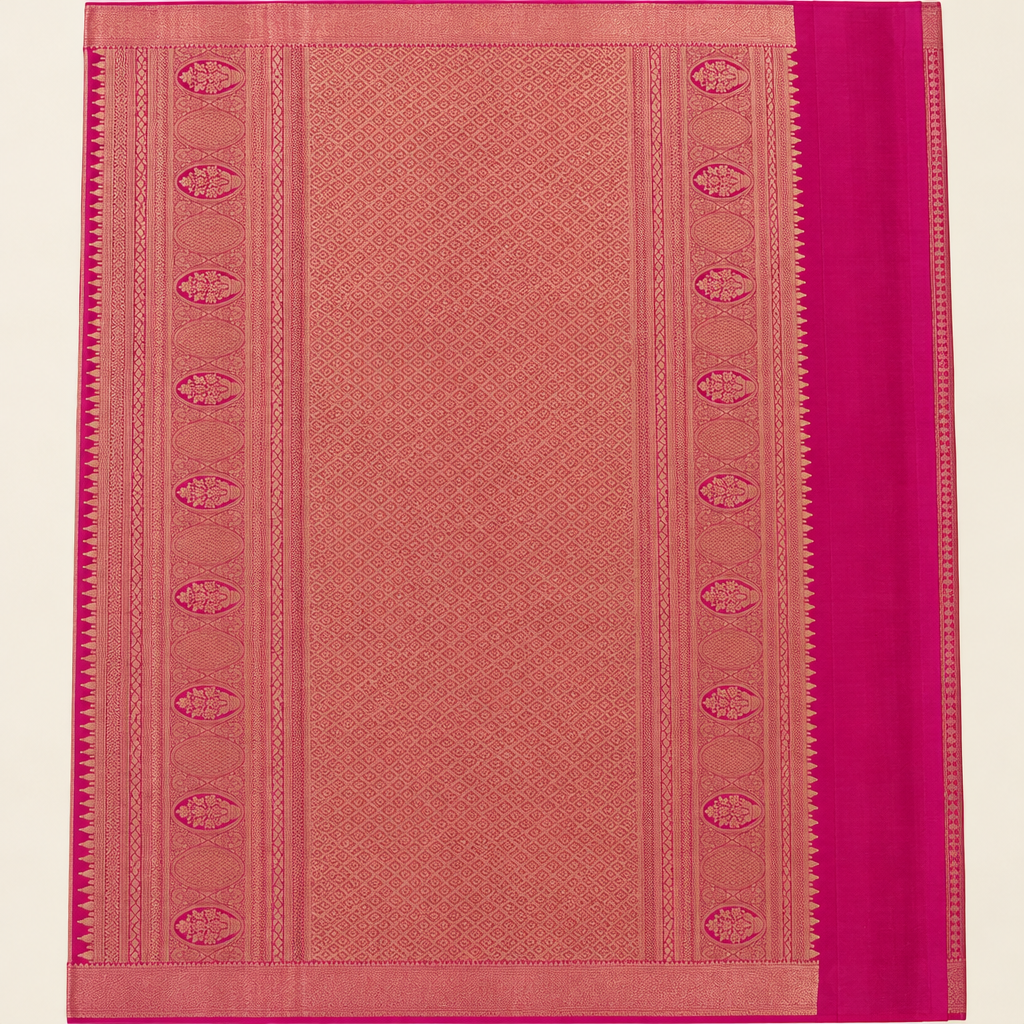 Pink saree rose-gold-toned pallu with oval motif bands close-up