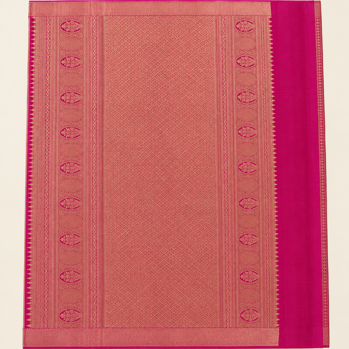 Pink saree rose-gold-toned pallu with oval motif bands close-up
