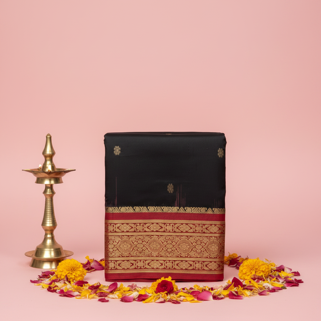 Black Kanchipuram silk dance saree – upright front view, pastel pink background, dance theme