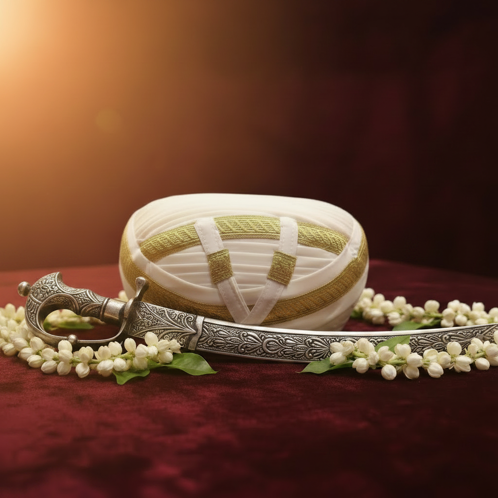 Kodava Petta – Front View with Ceremonial Sword and Jasmine Props on Maroon Background