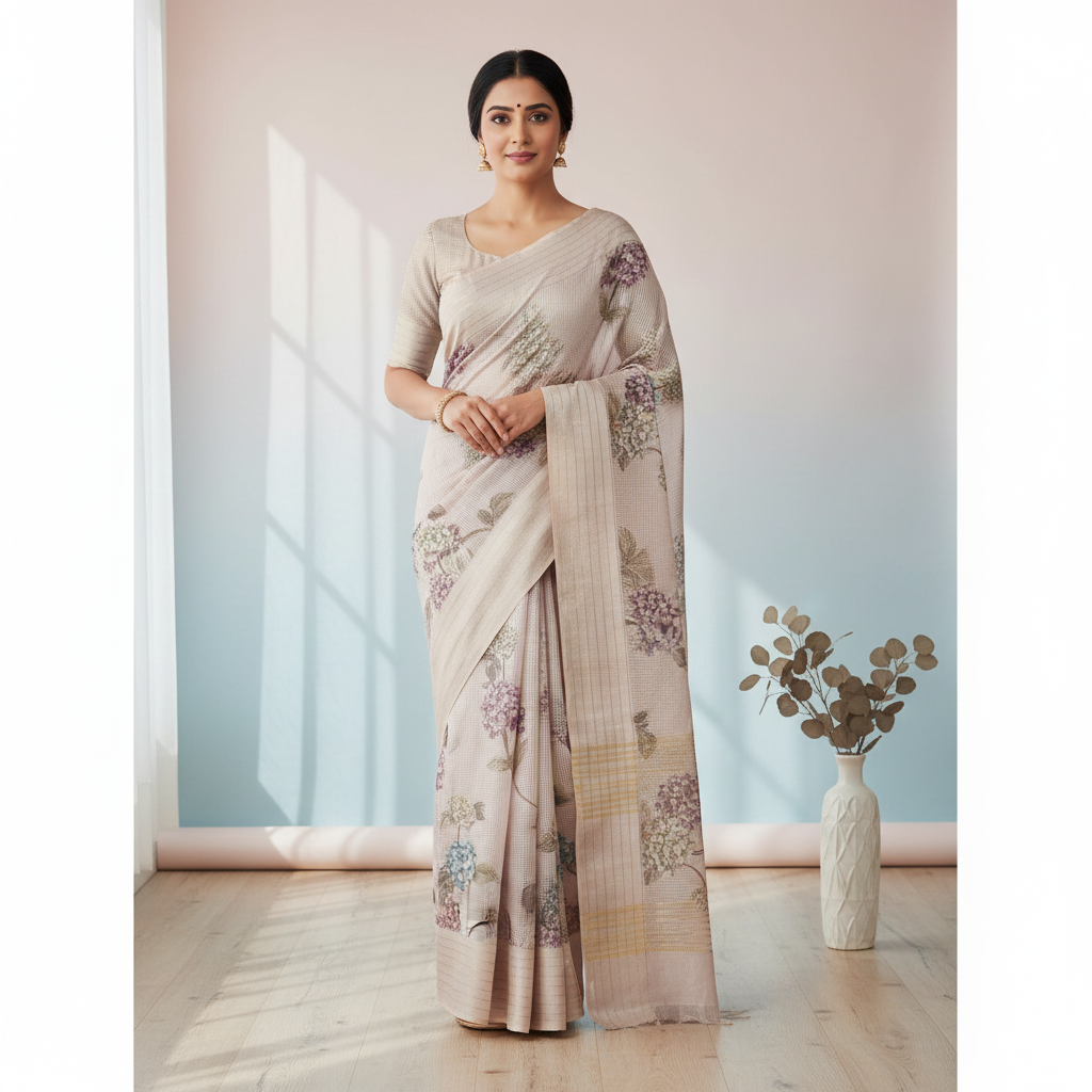 Pastel pink Kota cotton saree draped on a model
