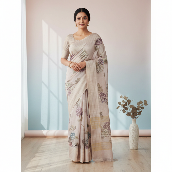Pastel pink Kota cotton saree draped on a model