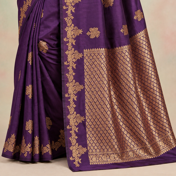 Close-up detail of purple pure Banarasi silk saree