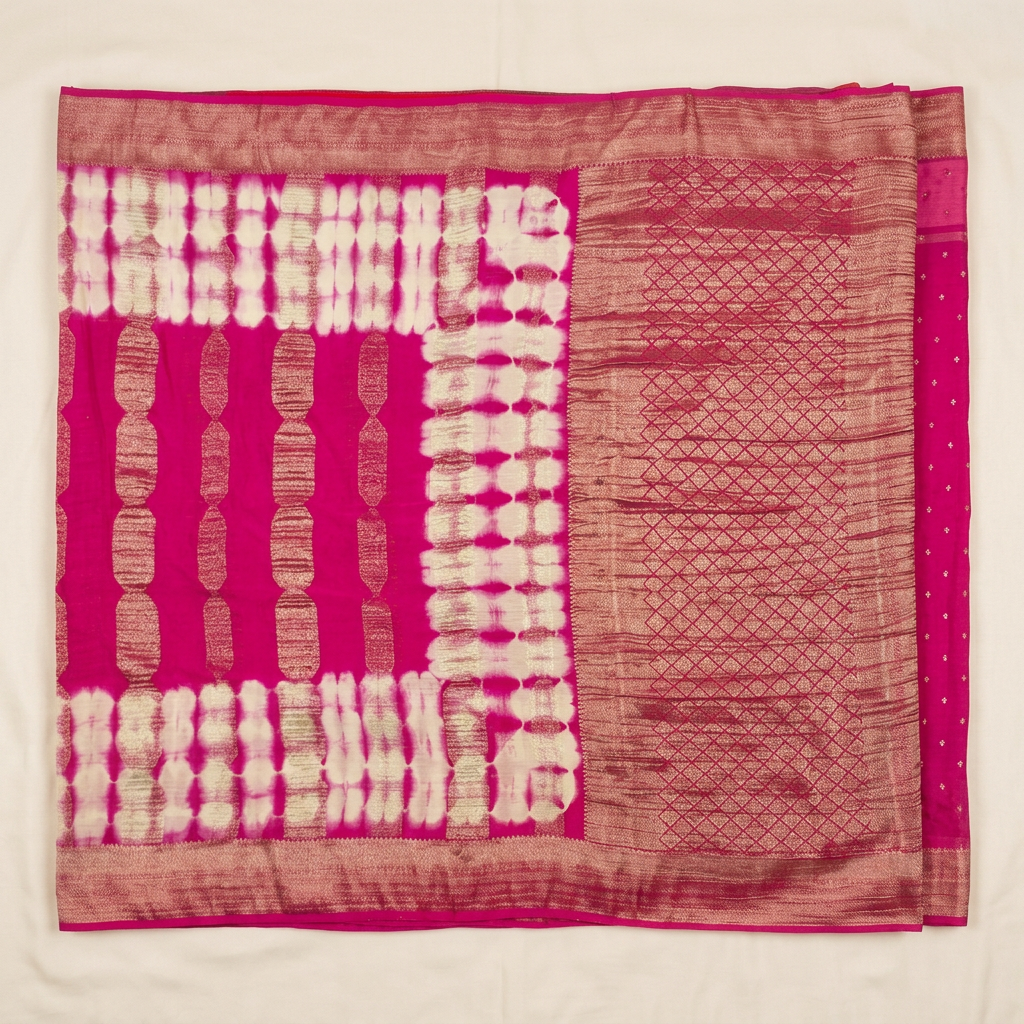 Upright pink and white Khaddi georgette saree with elongated metallic motifs and diamond-lattice pallu