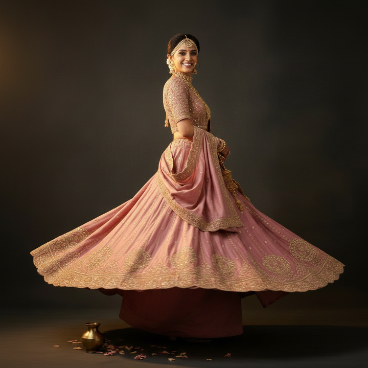 Low angle flare view - Dusty Rose Pink Bridal Lehenga