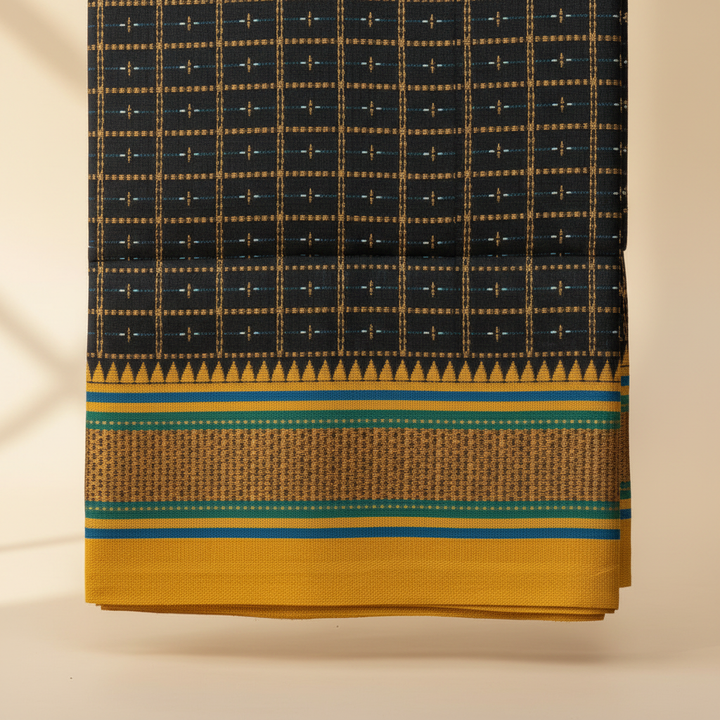 Close-up of the black checked cotton saree with its mustard-gold border, teal-blue stripes, textured gold band, and temple-inspired edge
