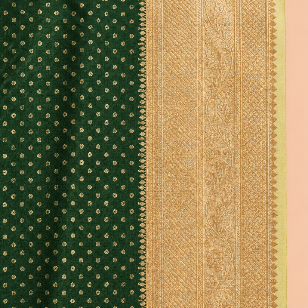 Close-up of the saree’s yellow-gold patterned border beside the green body