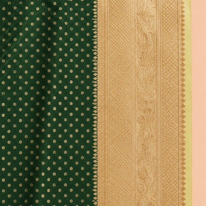Close-up of the saree’s yellow-gold patterned border beside the green body