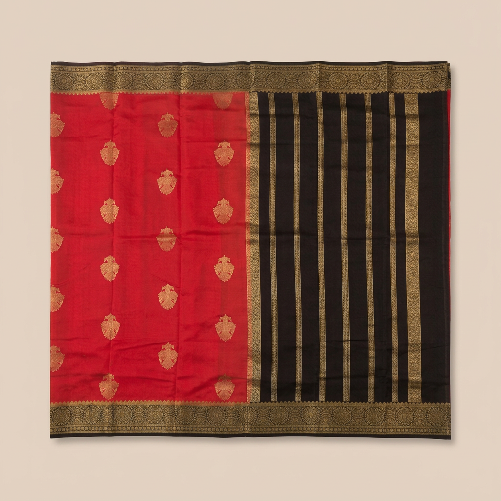 Upstraight overhead view of a red and black pure Mysore crepe silk saree with gold butta motifs, black zari-banded contrast section and ornate gold border