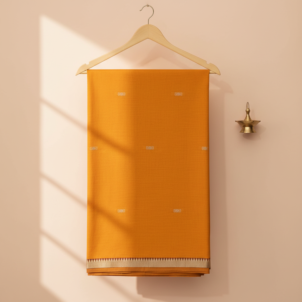 Saffron-yellow cotton saree with delicate pale motifs and an ivory-gold geometric border hanging on a wooden hanger against a pastel background with a brass diya
