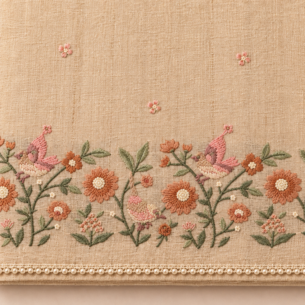 Close-up of the beige saree's bird-and-floral embroidered border in coral and green with pearl-bead trim