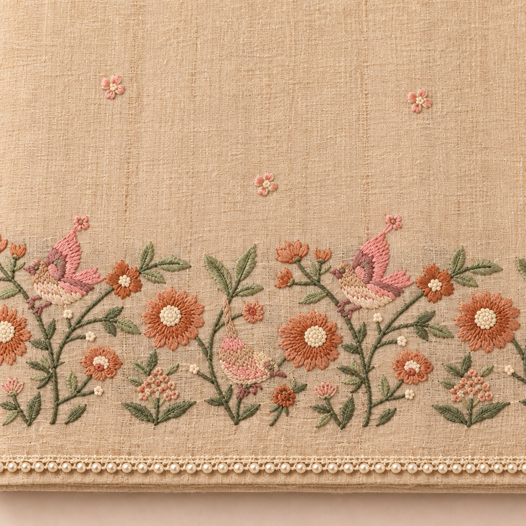 Close-up of the beige saree's bird-and-floral embroidered border in coral and green with pearl-bead trim
