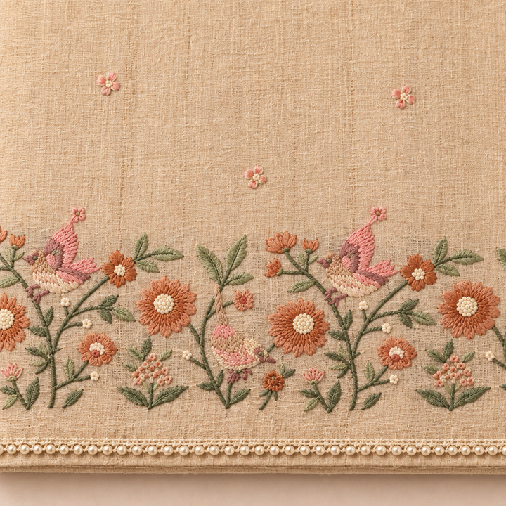 Close-up of the beige saree's bird-and-floral embroidered border in coral and green with pearl-bead trim