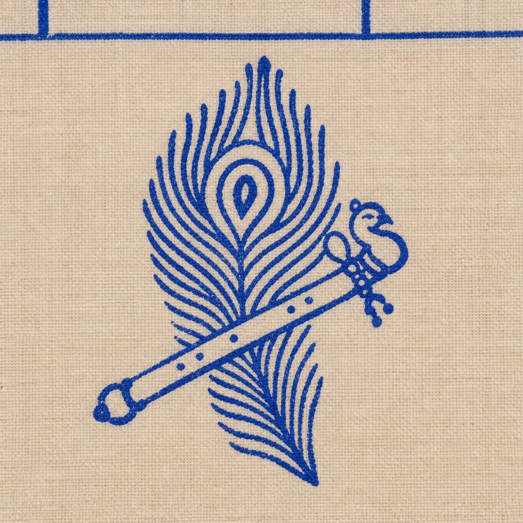 Close-up of blue peacock feather and flute print on cream cotton dance saree