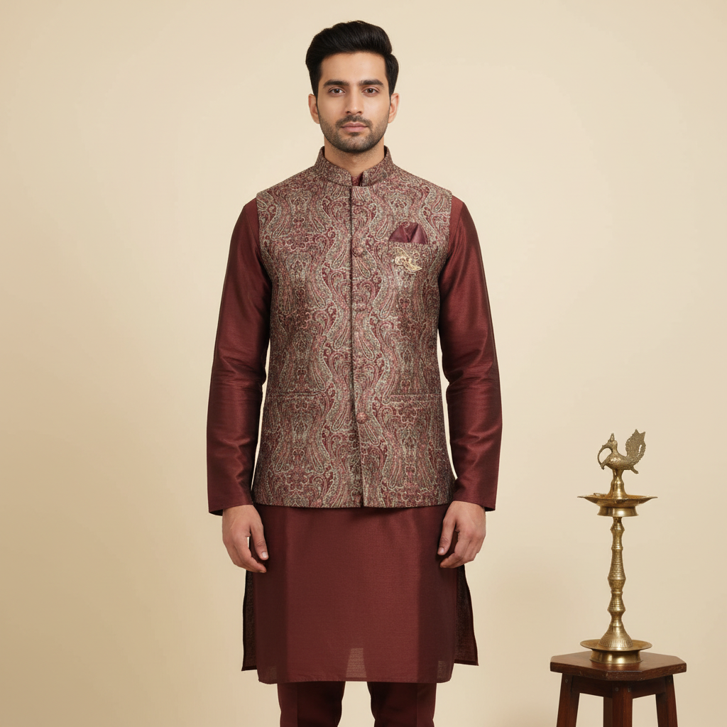 Indian male model wearing rose-gold brocade Indo-Western sherwani with maroon kurta