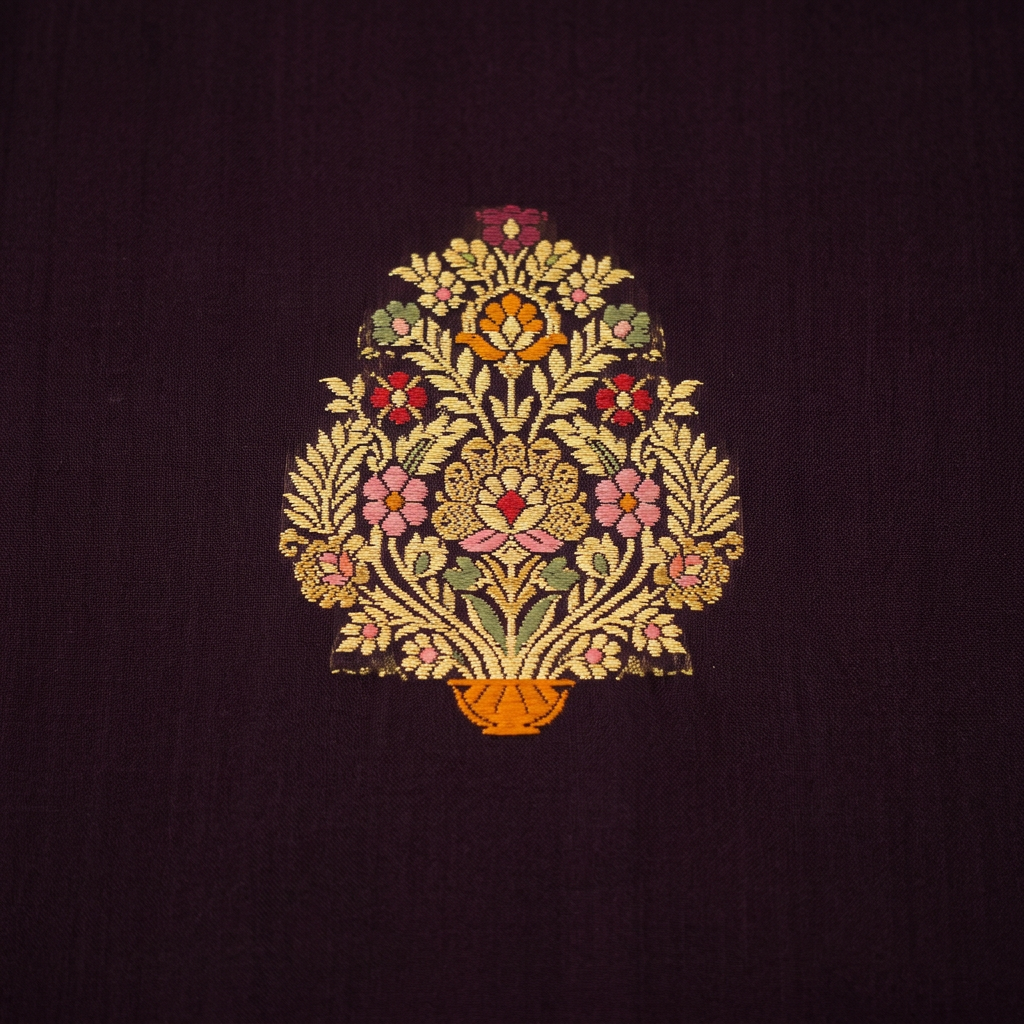 Close-up of ornate gold-toned floral motif with multicoloured accents
