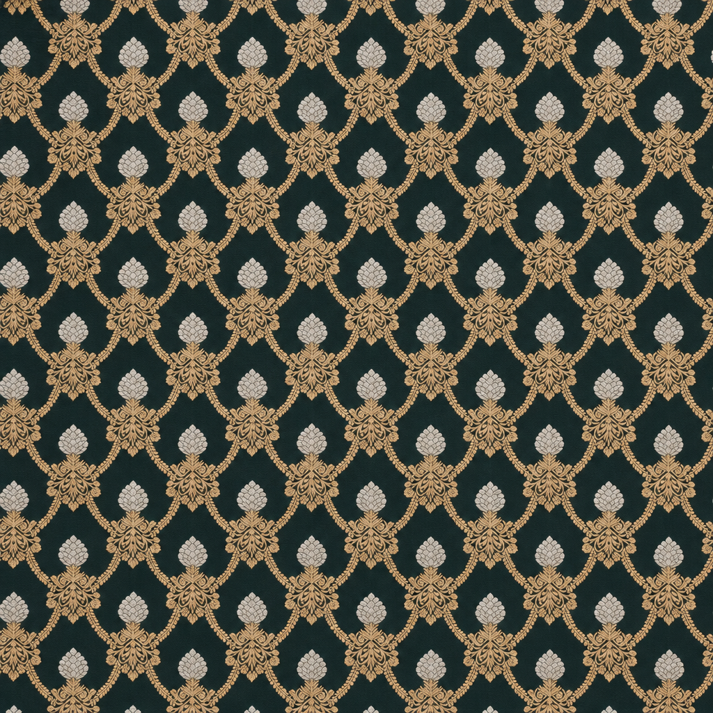 Bottle green saree body close-up with gold-toned lattice and pale teardrop motifs