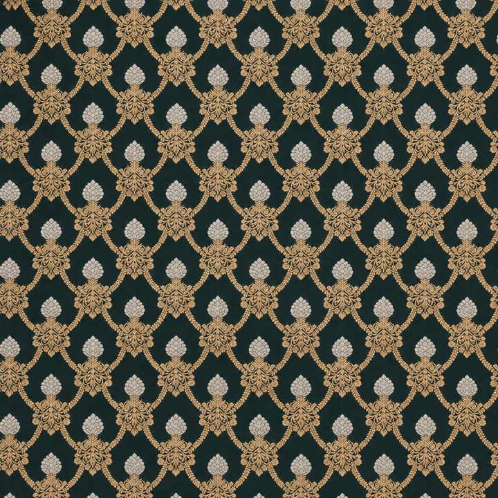 Bottle green saree body close-up with gold-toned lattice and pale teardrop motifs