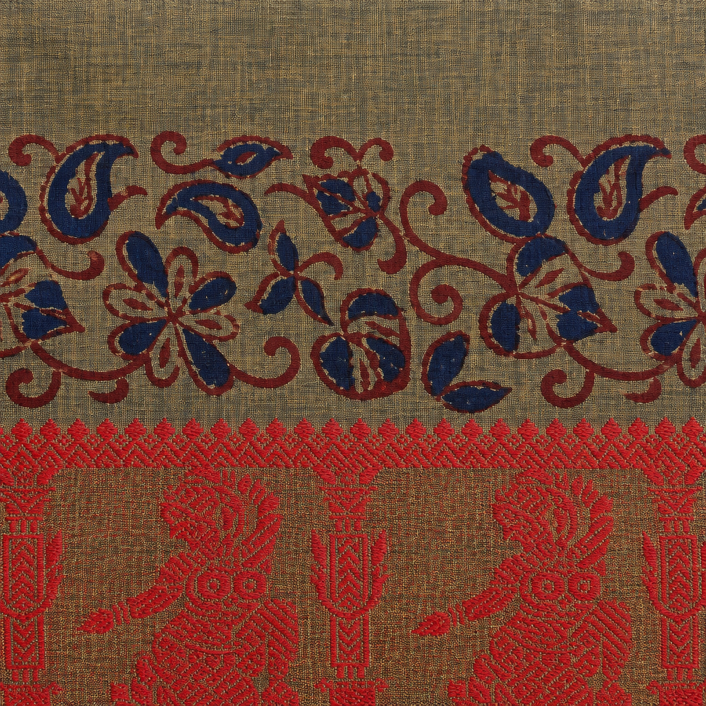 Close-up of navy paisley floral vine band and red border on olive cotton saree