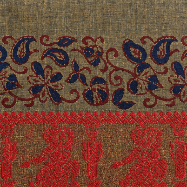 Close-up of navy paisley floral vine band and red border on olive cotton saree