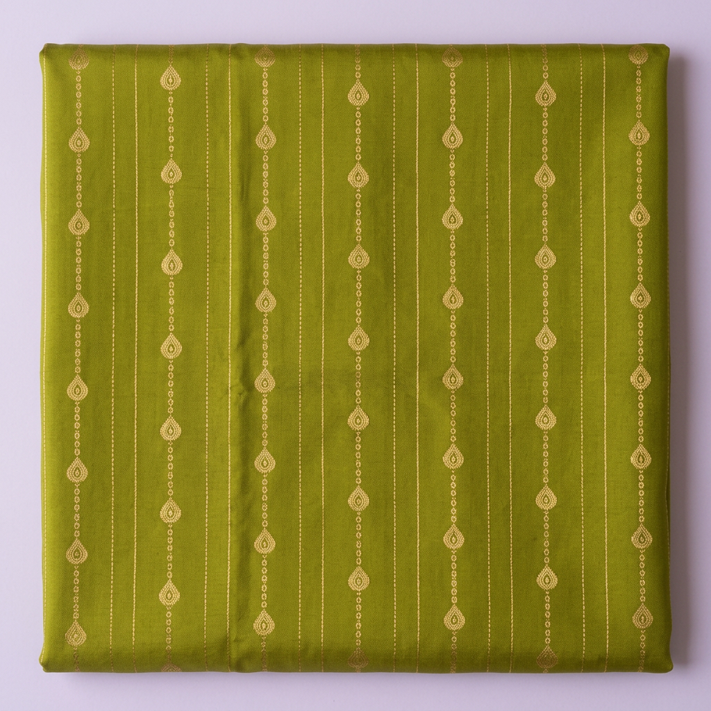 Close-up of the olive-green saree body with fine vertical lines of gold droplet motifs