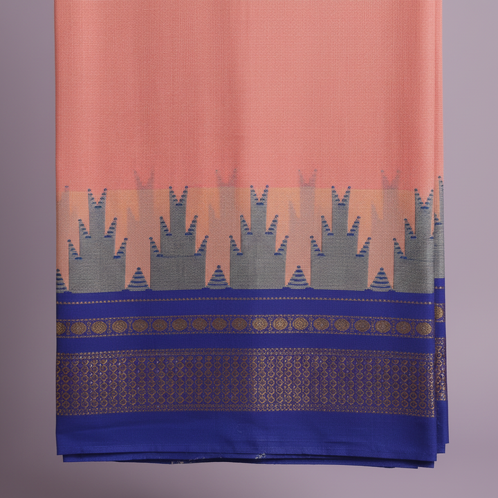 Close-up of the peach pink saree with its grey-blue jagged motif band and royal-blue border with purple, gold, and woven detailing