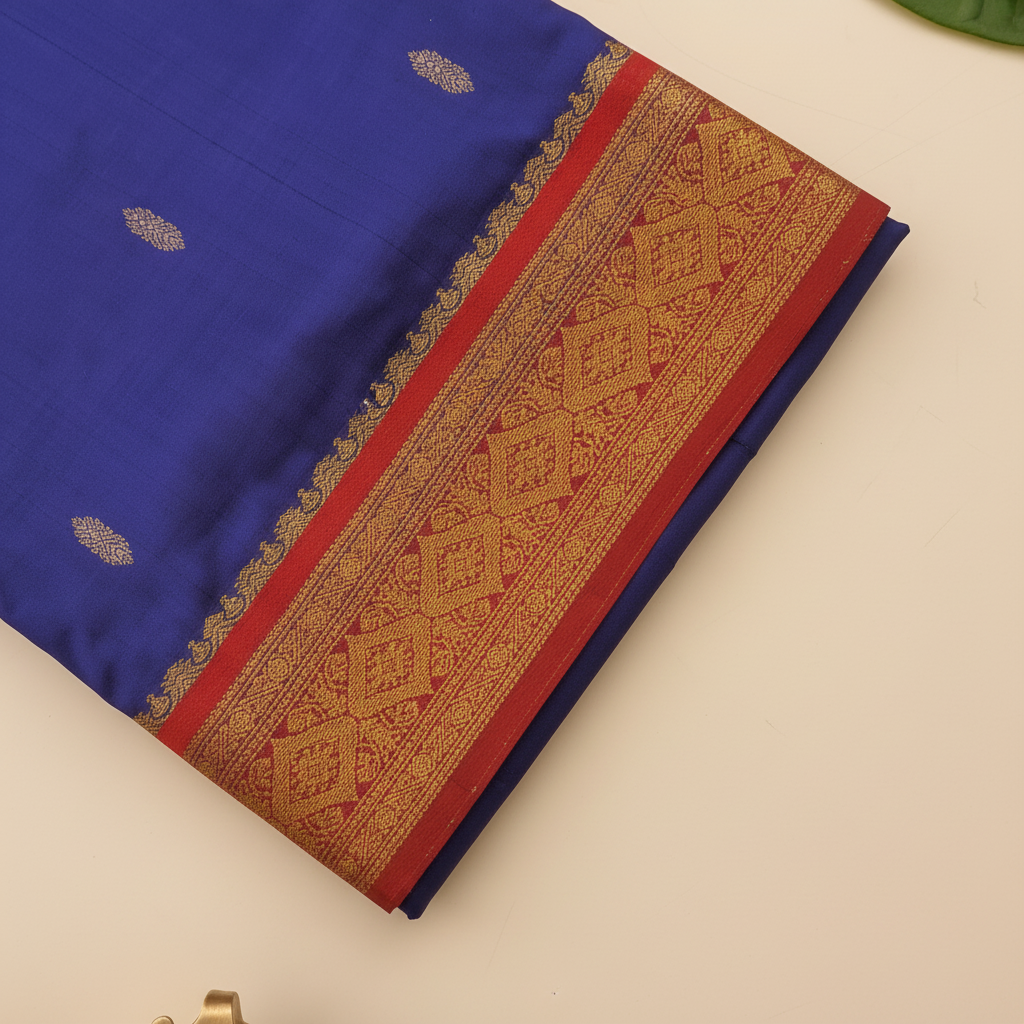 Red contrast zari border on a navy-blue 9-yard pure silk saree close-up