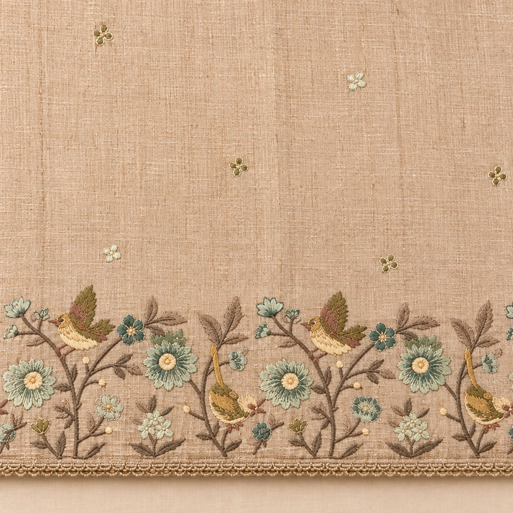Close-up of the beige saree's bird-and-floral border in muted green and brown tones