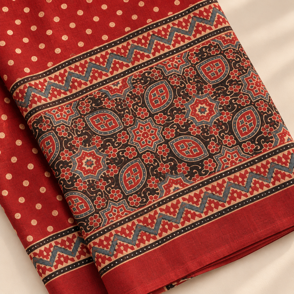 Folded close-up of red Ajrakh saree dotted body and decorative print