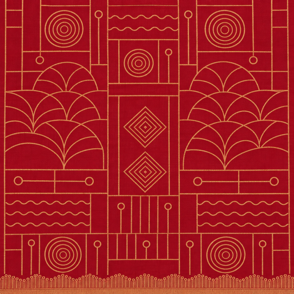 Close-up of red saree body with gold-toned circle, diamond and arch linework