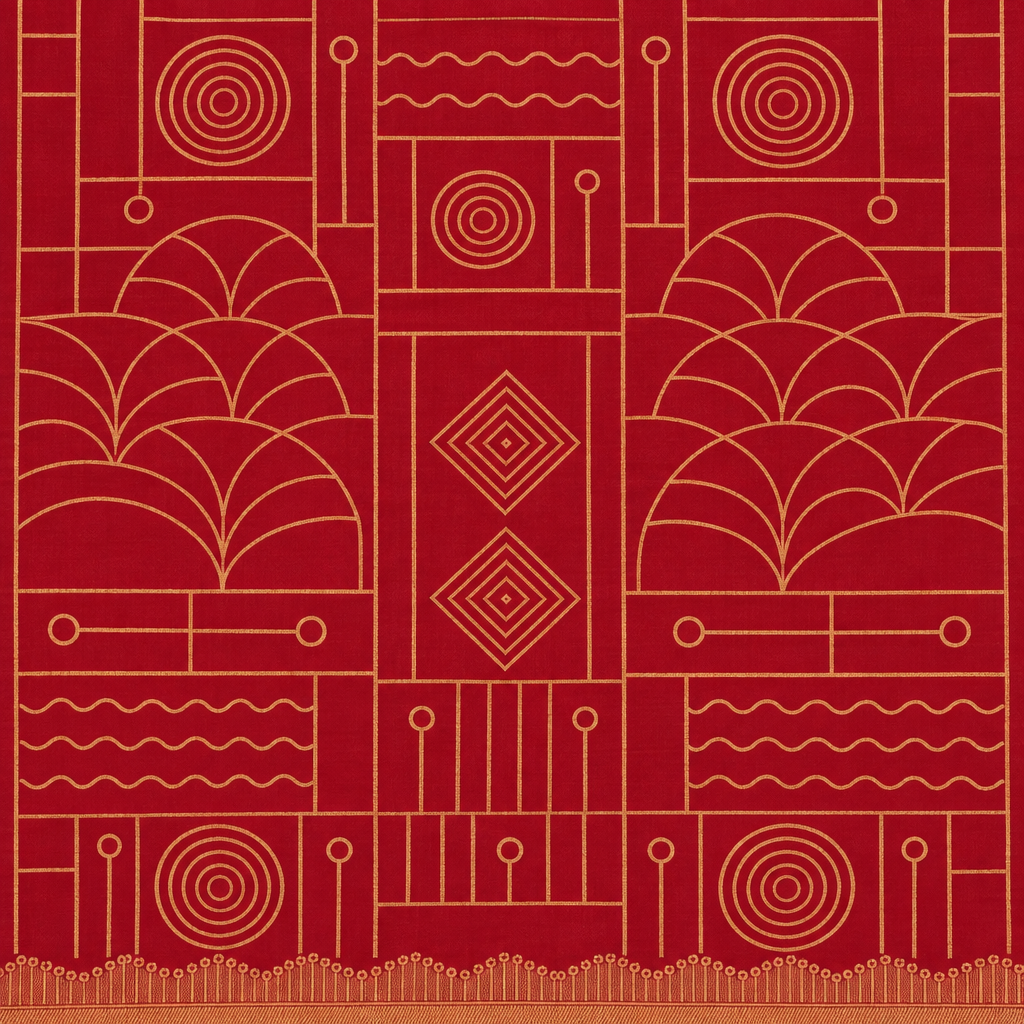 Close-up of red saree body with gold-toned circle, diamond and arch linework