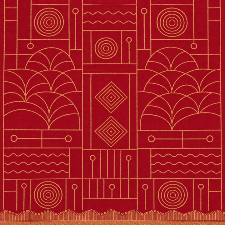 Close-up of red saree body with gold-toned circle, diamond and arch linework