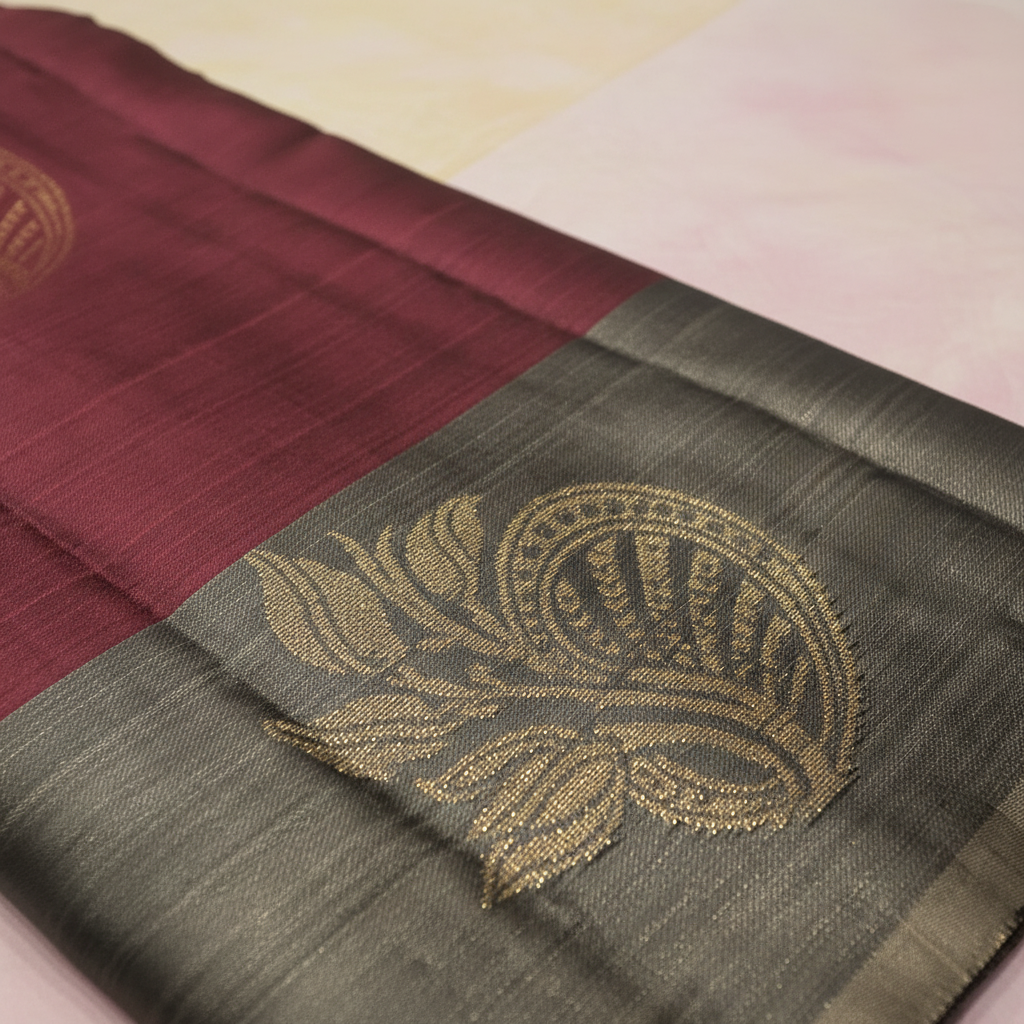 Border Close-up — Grey Zari Border with Gold Motif