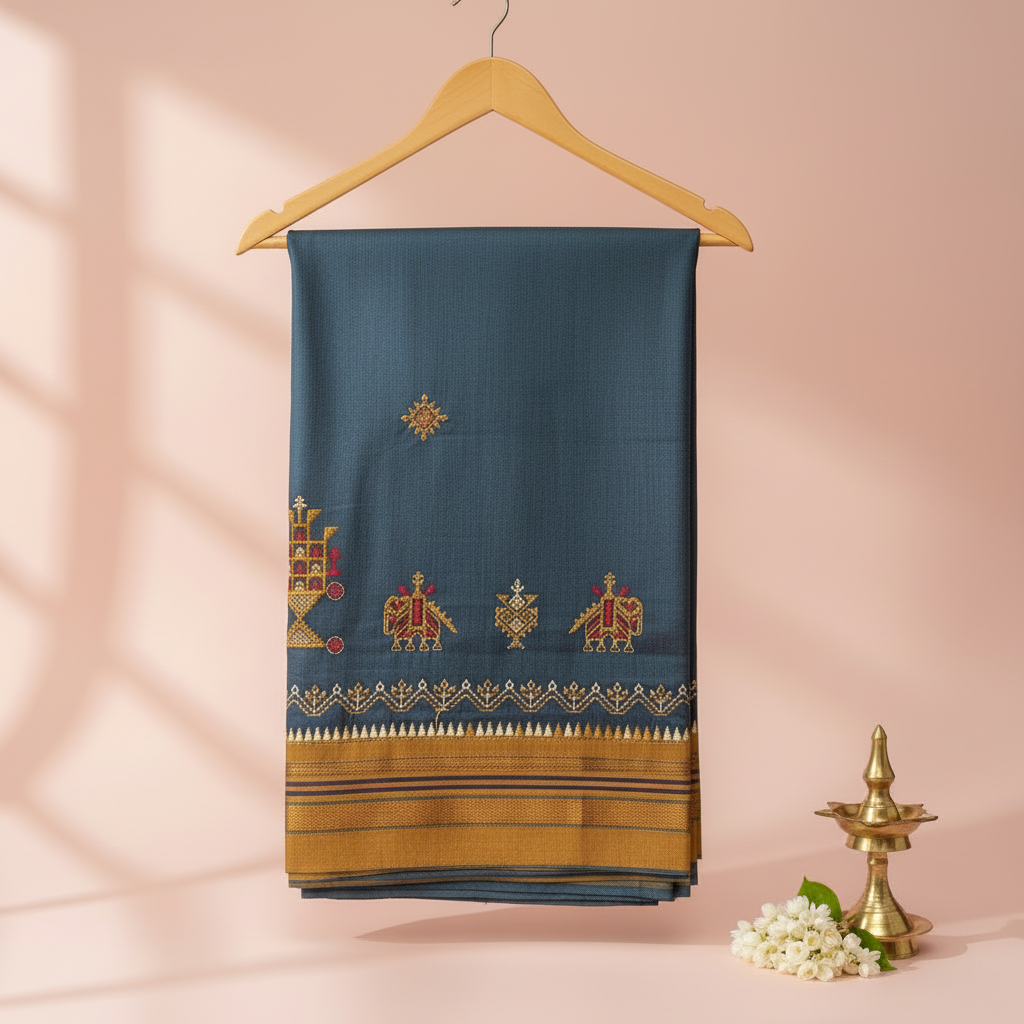 Slate blue cotton saree with Kasuti chariot and peacock embroidery and a mustard-gold zari border, hung on a wooden hanger against a pastel background with a brass lamp