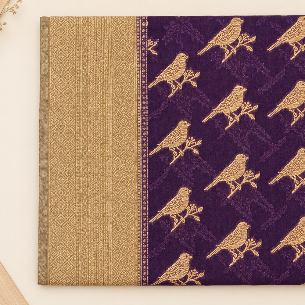 Close-up of woven gold end panel on purple saree