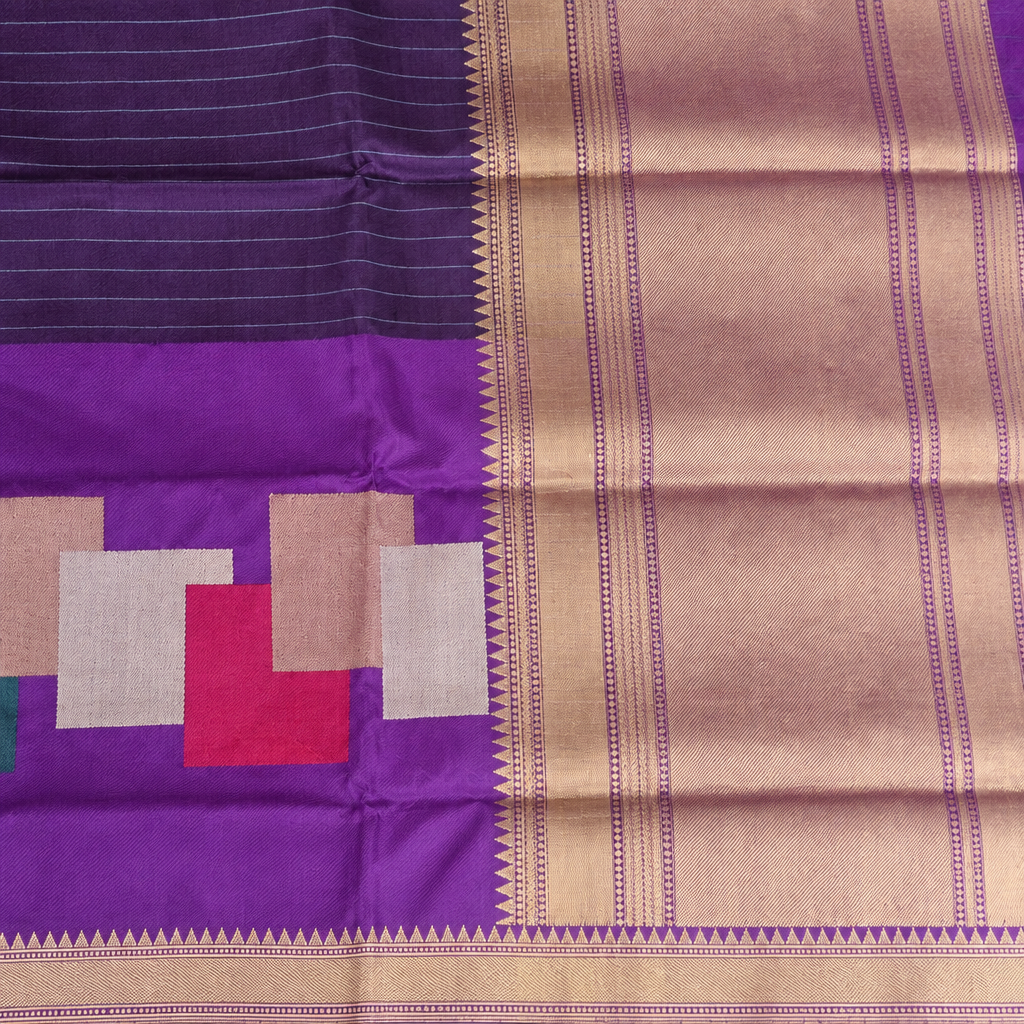 Broad gold-toned panel with patterned bands and triangular edging beside purple geometric motifs and fine stripes