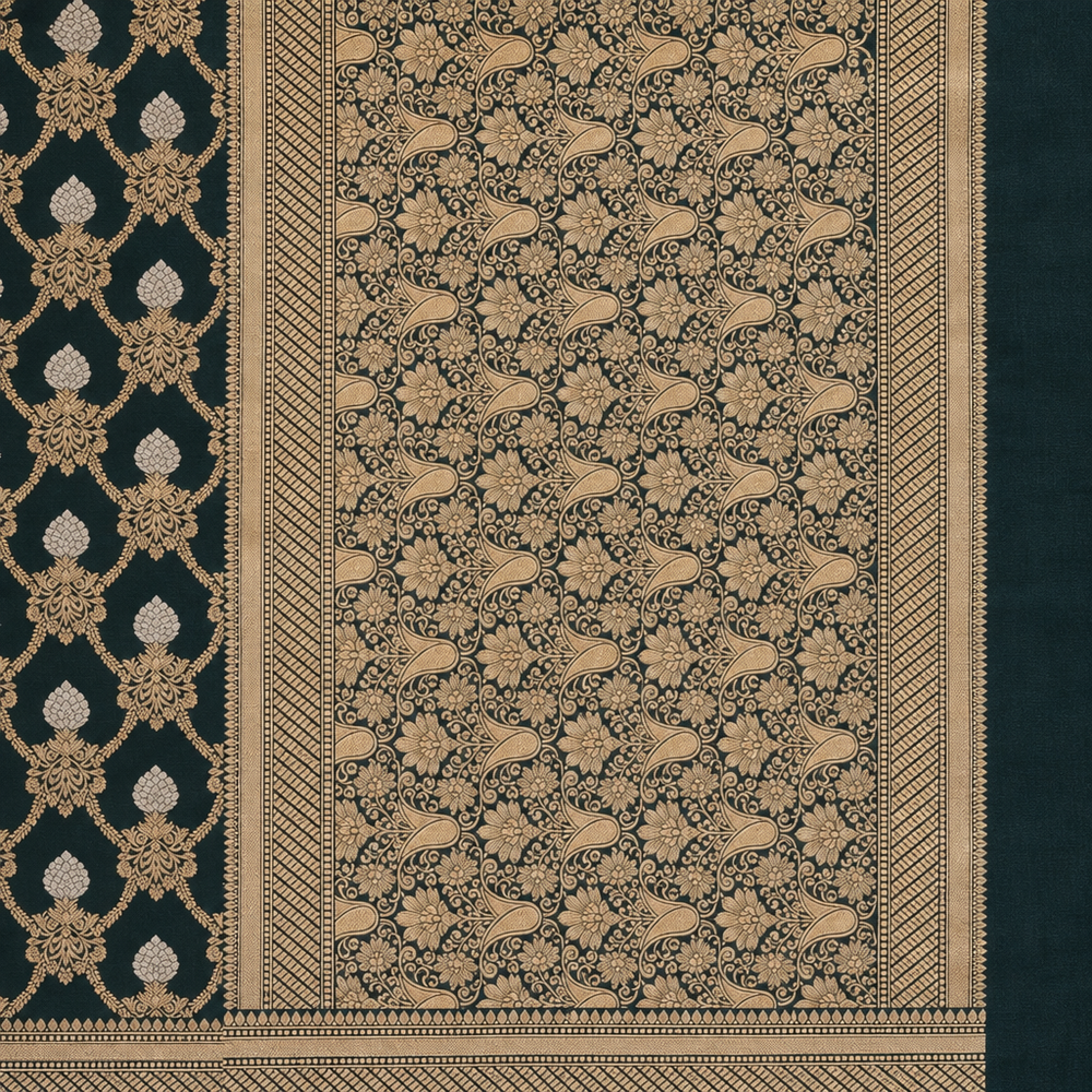 Bottle green saree pallu close-up with gold-toned floral vines and geometric border