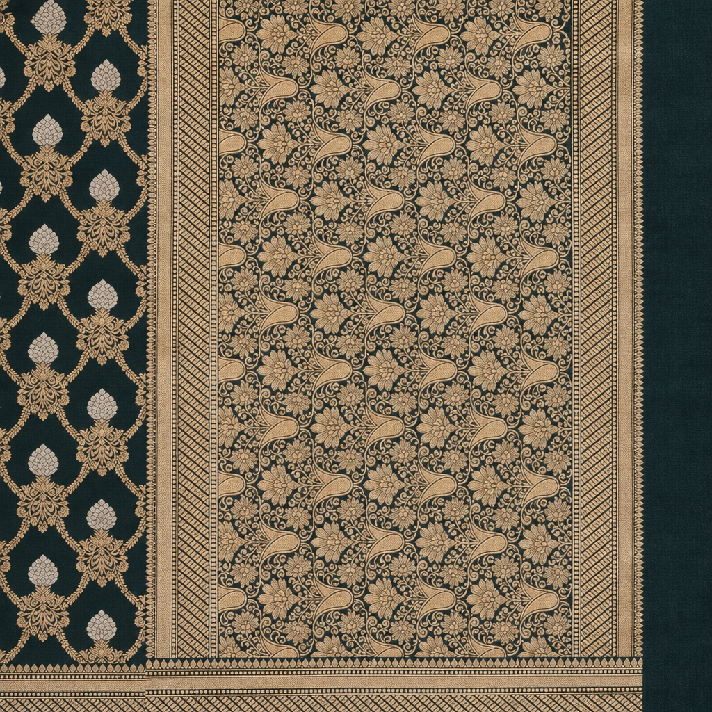 Bottle green saree pallu close-up with gold-toned floral vines and geometric border